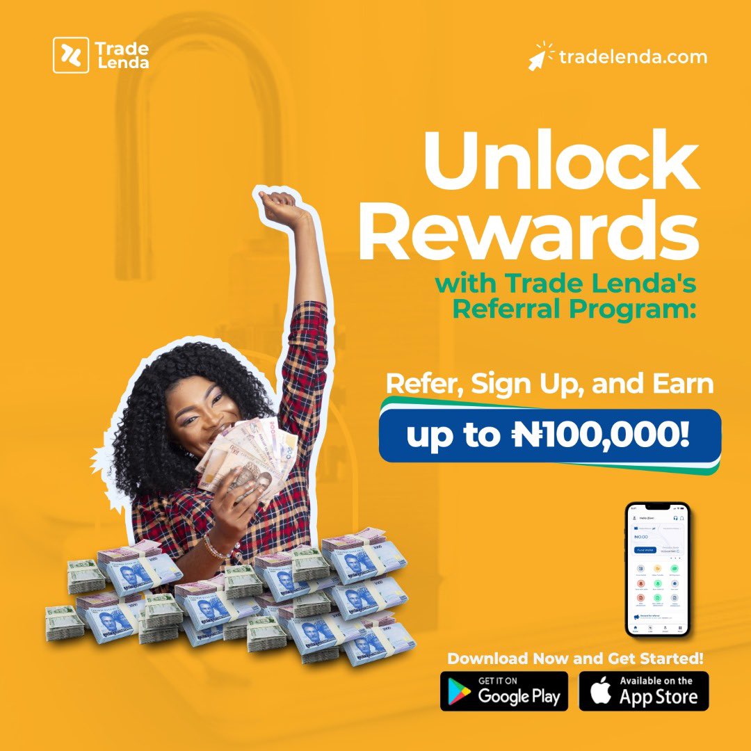 Ready to earn big rewards? 

Refer 20 friends to download the Trade Lenda app, sign up, and save a minimum of ₦5,000 each to earn up to ₦100,000!

Start referring today!
tradelenda.com/sign_up

#ReferAndEarn #EarnBigRewards #TradeLendaReferral #FinancialEmpowerment