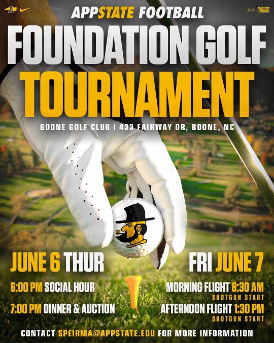 Shawn Clark (@coach_sclark) on Twitter photo LAST CALL! Limited spots available for our annual golf tournament in support of <a href="/AppState_FB/">App State Football</a>
#GoApp
appstatesports.evenue.net/www/ev_appstat… LAST CALL! Limited spots available for our annual golf tournament in support of <a href="/AppState_FB/">App State Football</a>
#GoApp
appstatesports.evenue.net/www/ev_appstat…