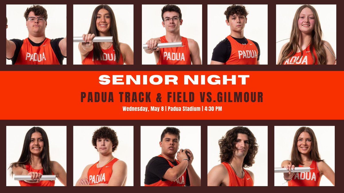 Head out to Padua Stadium today to cheer on the Track & Field team as they host Gilmour for a dual meet on SENIOR NIGHT! 

We will honor our 10 seniors before the meet starts at 4:30 pm! 

📍Padua Stadium
⏰4:30 pm
🆚Gilmour Academy 
🏃#GoBruins