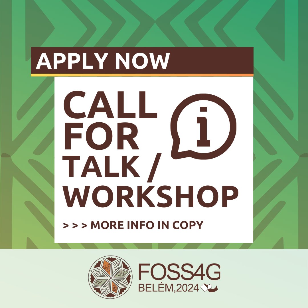 🌍 The Call for Talks and Workshops is now open for FOSS4G2024! 📢 Join us at the International Conference on Free and Open-Source Software for Geospatial (FOSS4G), taking place from December 2nd to 8th in Belém, Brazil. 2024.foss4g.org/en/call-for-pa… #foss4g #foss4g2024 #osgeo