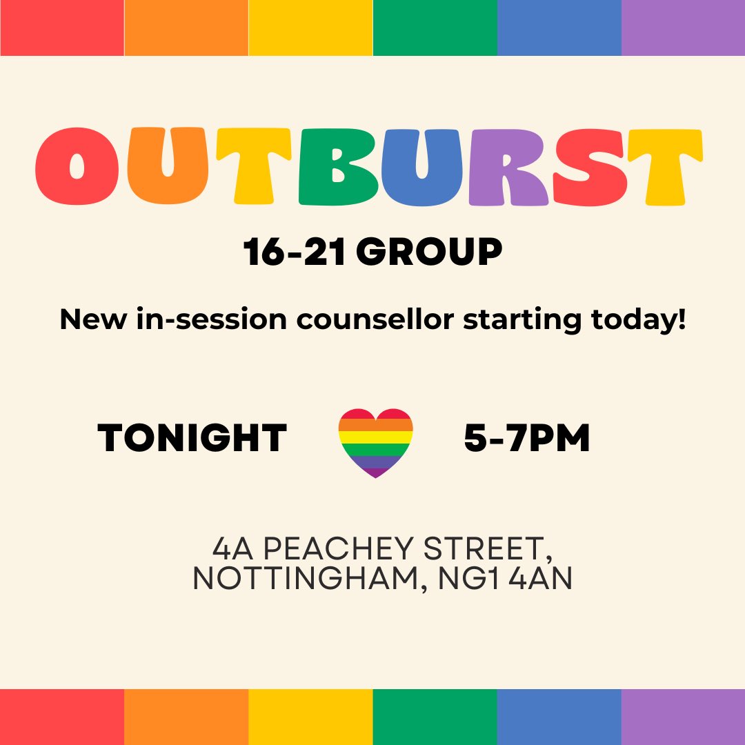 Don’t forget OutBurst Seniors is on tonight from 5-7PM! We’ve also got our new in-session counsellor on hand to provide LGBTQIA+ specific support!