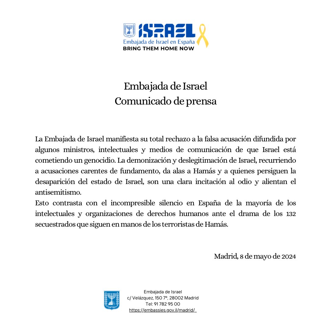 Comunicado de la Embajada de Israel en España.
