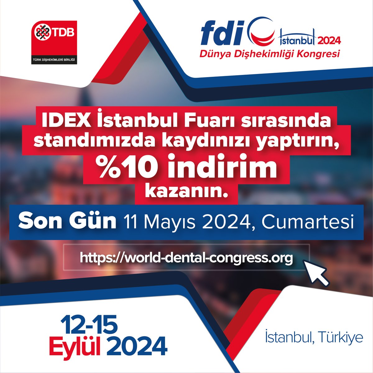 IDEX İstanbul 2024’te TDB Standına Uğrayın, FDI 2024’e %10 İndirimli Kayıt Fırsatını Kaçırmayın! 2024.world-dental-congress.org/tr/ #türkdişhekimleribirliği #WDC24 #fdi2024 #fdiistanbul2024 #ContinuingEducation #CE #YoungDentistsForum #Dentistry #DentalCare #CongressOfDentistry