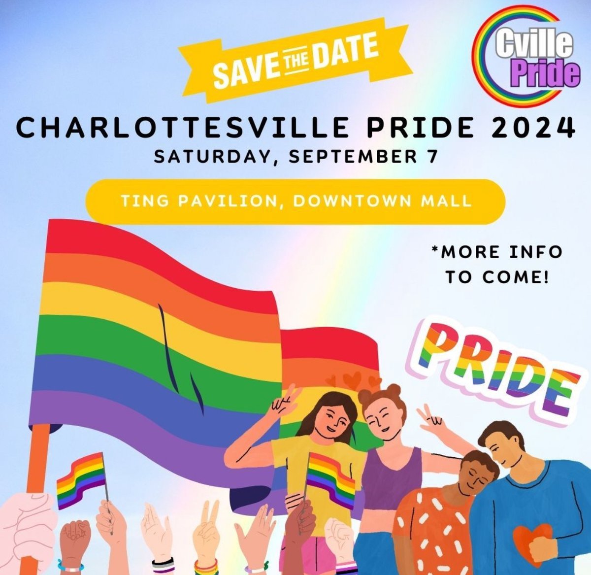 C'ville Pride is Saturday, September 7th at @tingpavilion!🏳️‍🌈✨️To learn more, make sure you're following @charlottesvillepride. You'll find updates, vendor applications, volunteer applications and more! We are so excited to celebrate Pride in Charlottesville!🎉