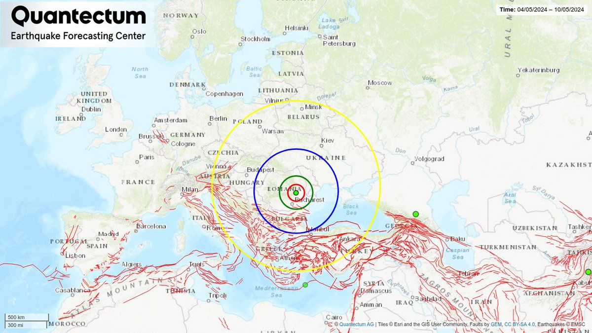 #Earthquake in #ROMANIA

Time: 2024-05-07 at 15:32:23 UTC 
2024-05-07 at 18:32:23 Bucharest 
Location: 45.58° LAT, 26.67° LON 
Magnitude: ml4.1 
Depth: 119 km 
Provider: @EMSC