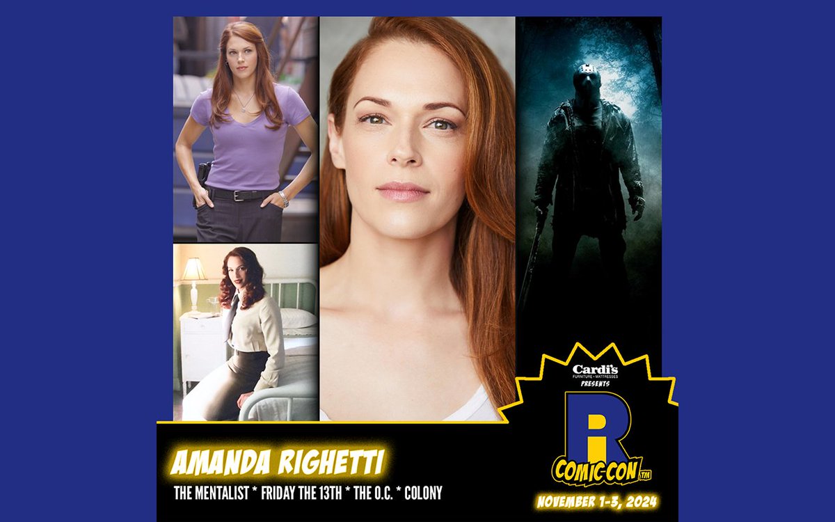 Please welcome @AmandaERighetti to #RICC2024! She is known for her role as Grace Van Pelt on The Mentalist, as well as Whitney Miller in Friday the 13th, Hailey Nichol in The O.C. and Maddie Kenner in Colony. Buy tickets now to meet her! #TheMentalist #fridaythe13th