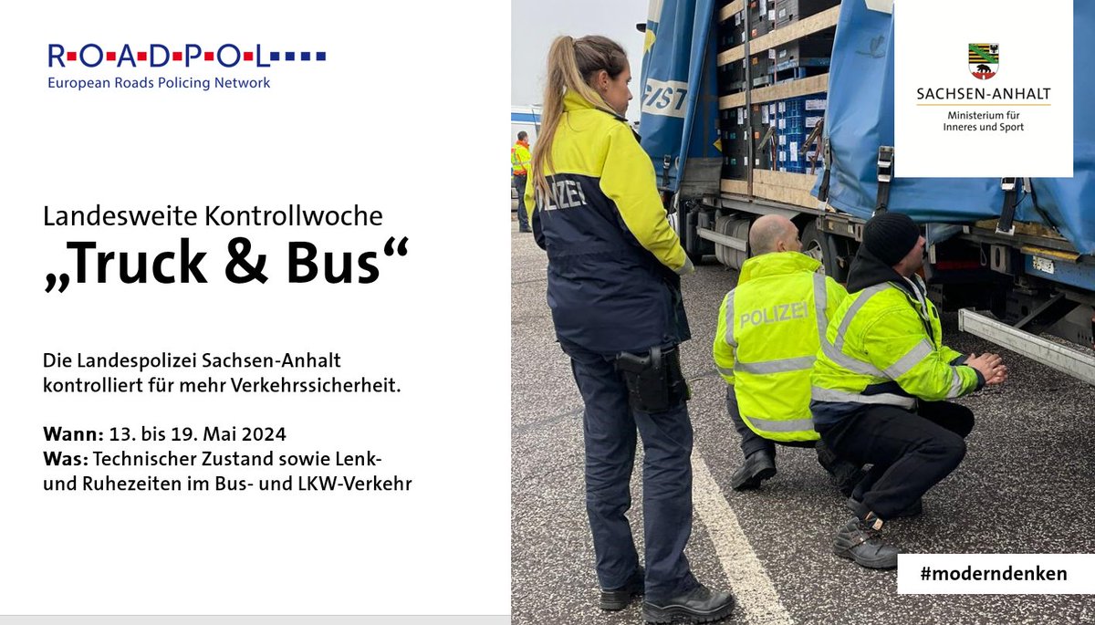 Vom 13. bis 19. Mai nimmt die Landespolizei @sachsenanhalt an der @roadpol_eu Verkehrsüberwachungsaktion „Truck & Bus“ teil. Schwerpunkt der Kontrollwoche ist der gewerbliche Personen- und Güterverkehr.🚛🚍 Mehr Informationen: lsaurl.de/TnB224