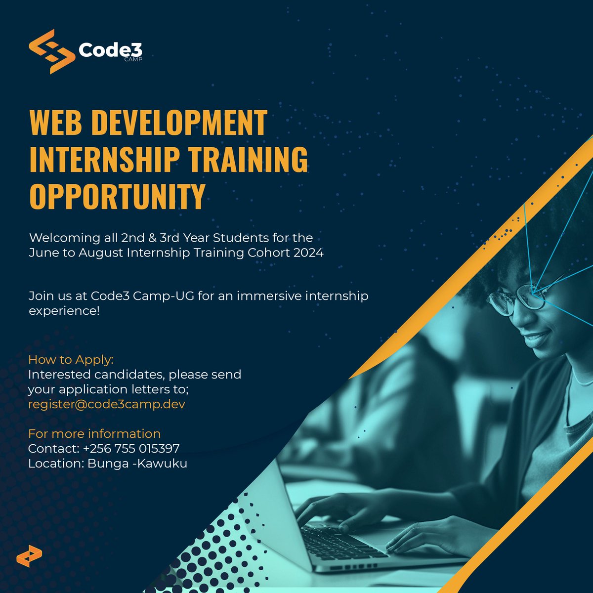 Code3Camp UG (@code3campug) on Twitter photo Guess who’s back with an epic chance to level up?Thats right,#Code3Camp!🇺🇬 Ready to up-skill in web development?🤔
🚀Don’t miss out on our internship program.Get ready for hands -on training, mentorship and more!💯
Apply now at ➡️ register@code3camp.dev
#Code3Camp #Web3 Guess who’s back with an epic chance to level up?Thats right,#Code3Camp!🇺🇬 Ready to up-skill in web development?🤔
🚀Don’t miss out on our internship program.Get ready for hands -on training, mentorship and more!💯
Apply now at ➡️ register@code3camp.dev
#Code3Camp #Web3