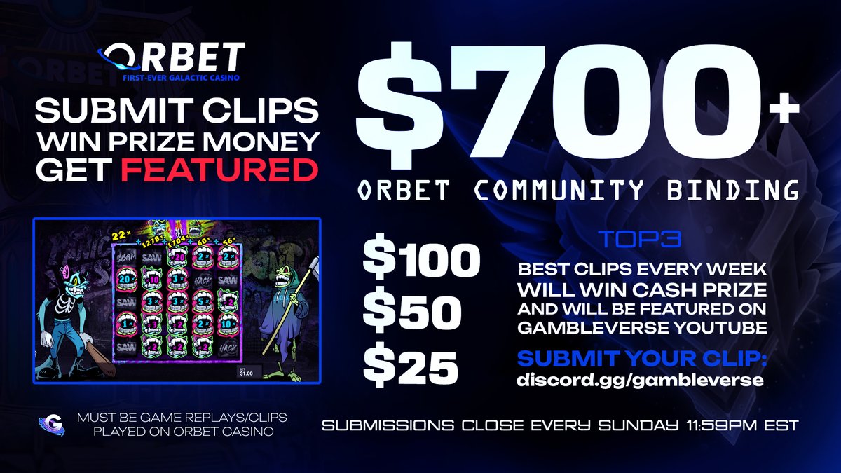 The_GambleVerse's tweet image. Weekly Clip Submission Contest 🏆 

1st - $100 
2nd - $50
3rd - $25

Just join discord.gg/gambleverse and submit your biggest win clips from @Orbet orbet.online 🎰