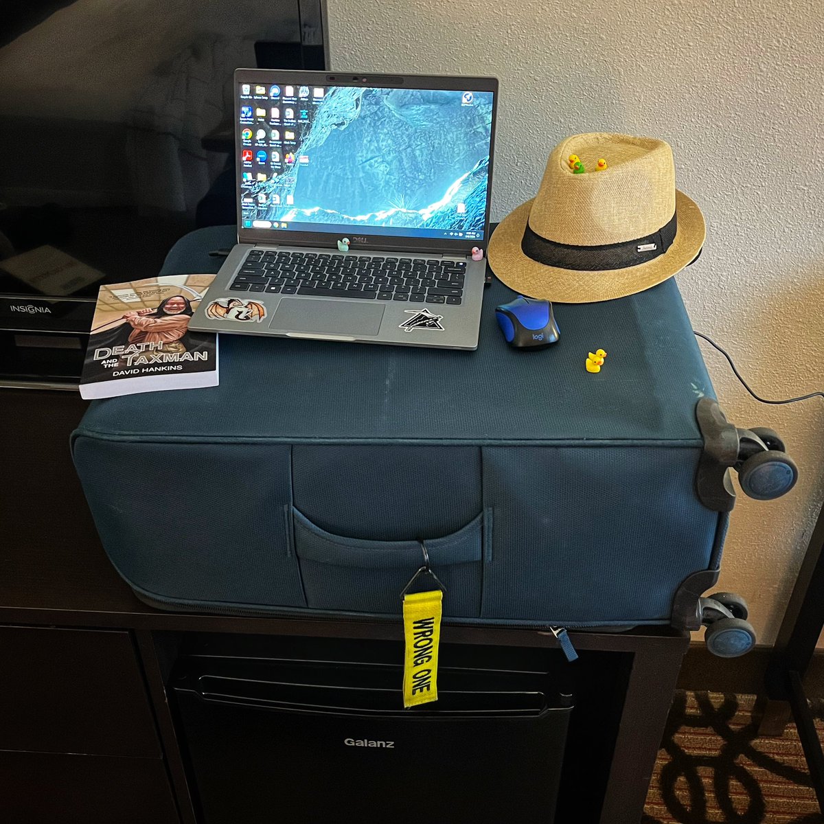 When your hotel desk chair is crap, but you still need to write. Mobile Standing Desk (patent pending).

#writinglife #amwriting #traveltheworld #neverstopexploring #writersofinstagram #deathandthetaxman #lostbardsduckies