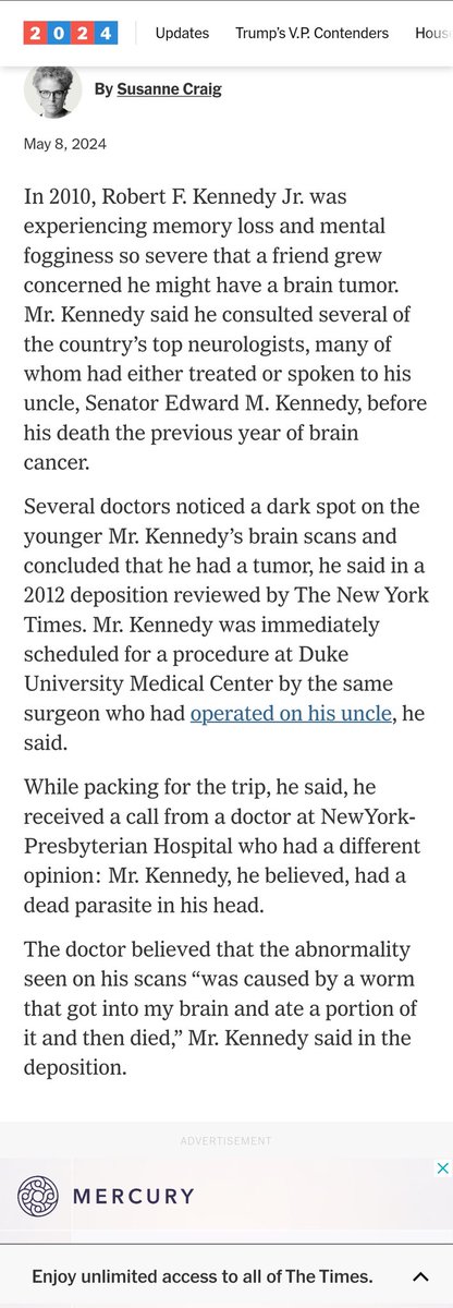 This explains so much. RFK Jr. Says Doctors Found a Dead Worm in His Brain. An abnormality on his scans “was caused by a worm that got into my brain and ate a portion of it and then died.” RFK had mercury poisoning that caused memory loss, cognitive issues & atrial fibrillation.