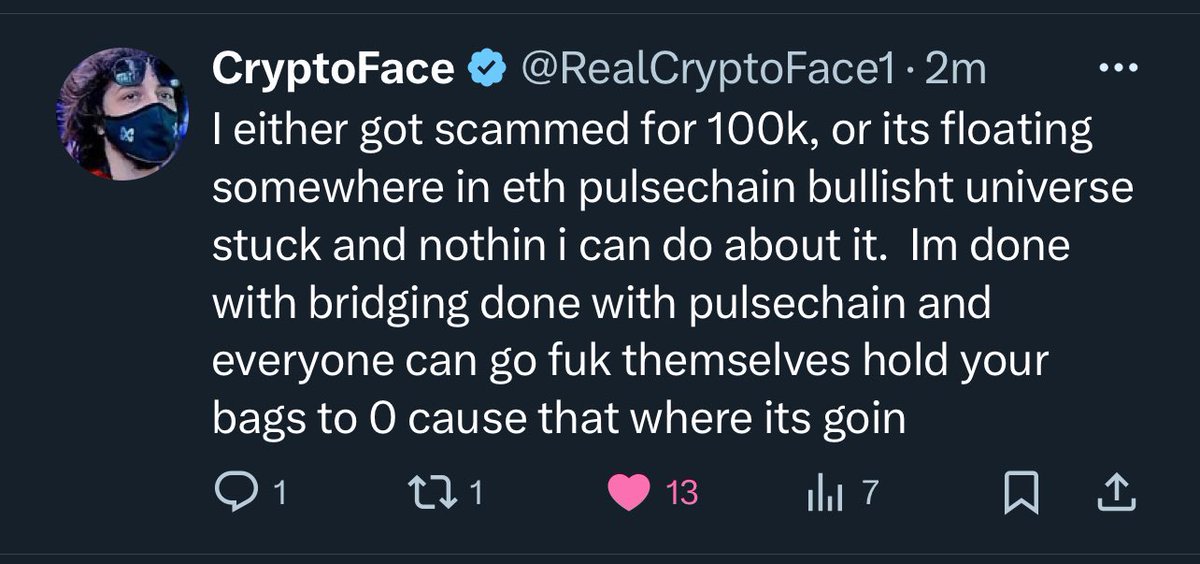 ❤️💛💚💙 This post made me chuckle 😆 CryptoFace going through PulseChain bridge demons… It’s now deleted, but I feel the pain anyway. I’m sure he worked it out. 👏🏻