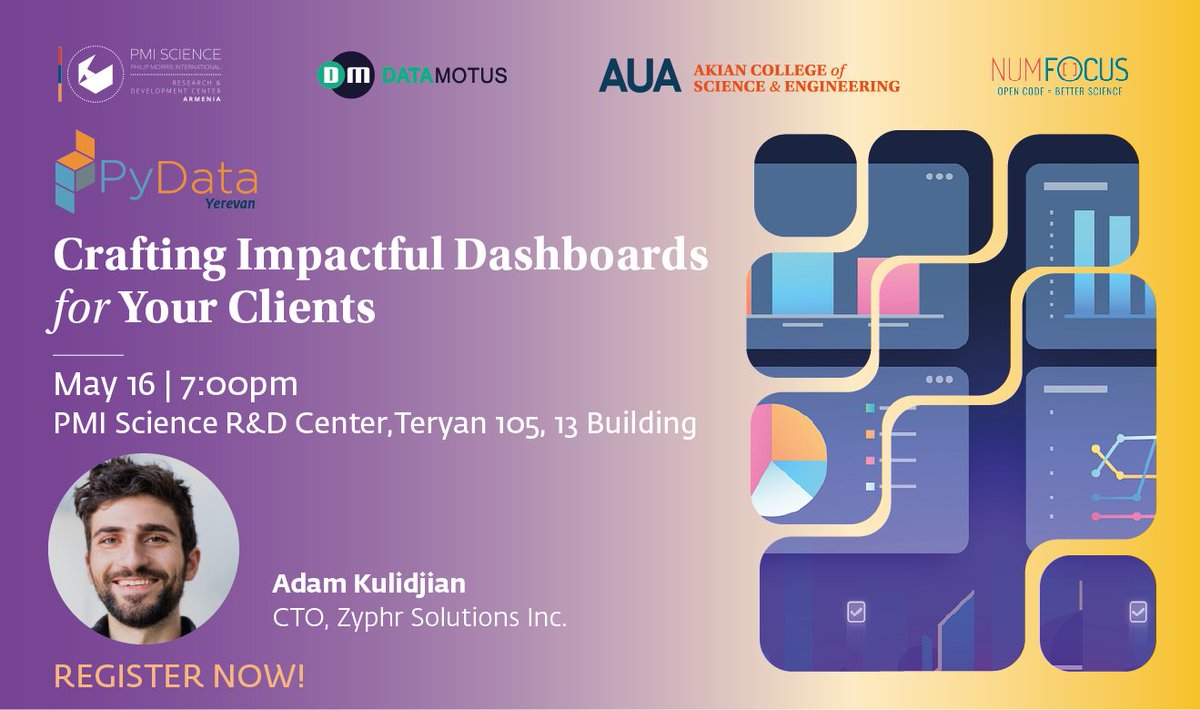 1/3 Join #PyDataYVN May meetup on “Crafting Impactful Dashboards for Your Clients” on May 16, at 19:00, hosted at the PMI Science R&D Center (Teryan 105, 13 building): forms.gle/epKkEH4qCMKGpX…