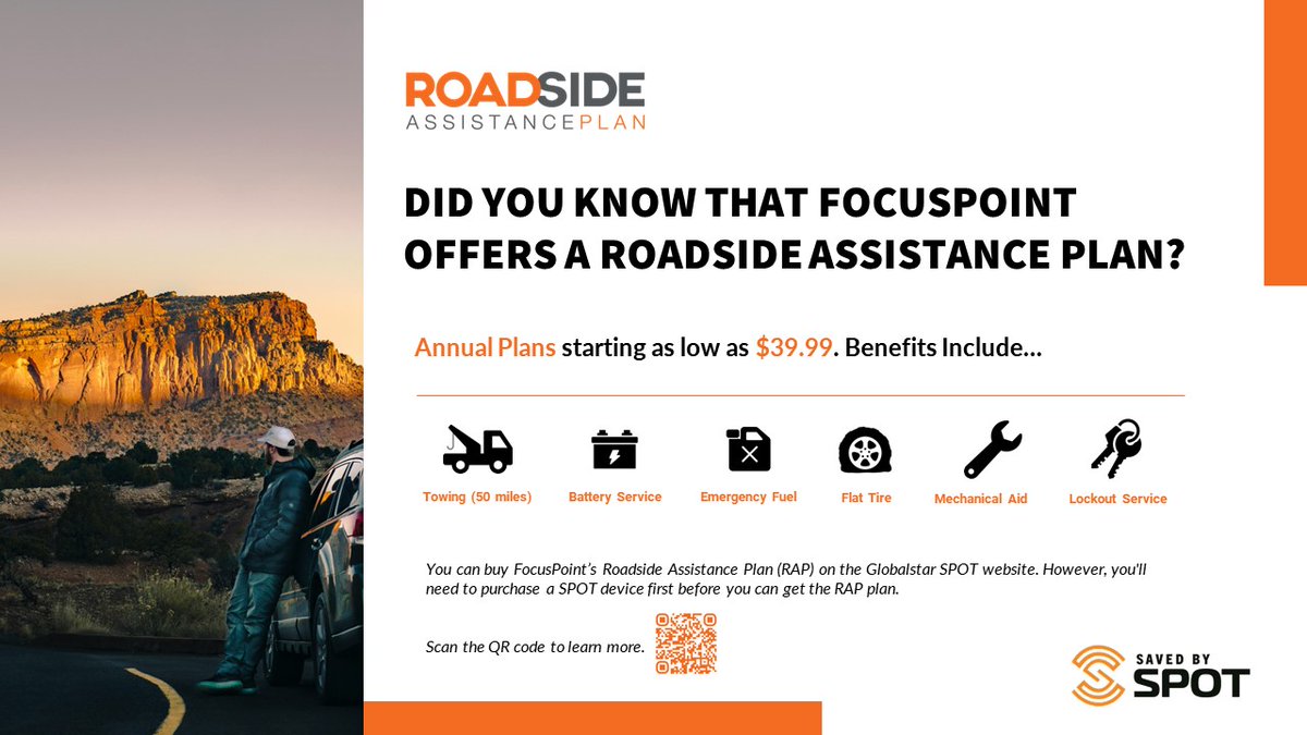 Need roadside assistance but you have no cell coverage?  No problem! FocusPoint offers a comprehensive Roadside Assistance Plan in partnership with Globalstar that can be accessed using a SPOT satellite comms device. To learn more, click here: findmespot.com/en-us/products…