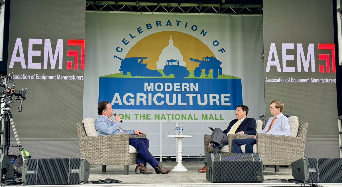 First thing today on the stage at #AgOnTheMall24. Representatives Dusty Johnson, SD and David Rouzer, NC discussing the Farm Bill & impacts on Rural America. Moderated by Kip Eideberg, @aemadvisor. “All Crop Rows Lead to Washington: The Farm Bill and Rural America”