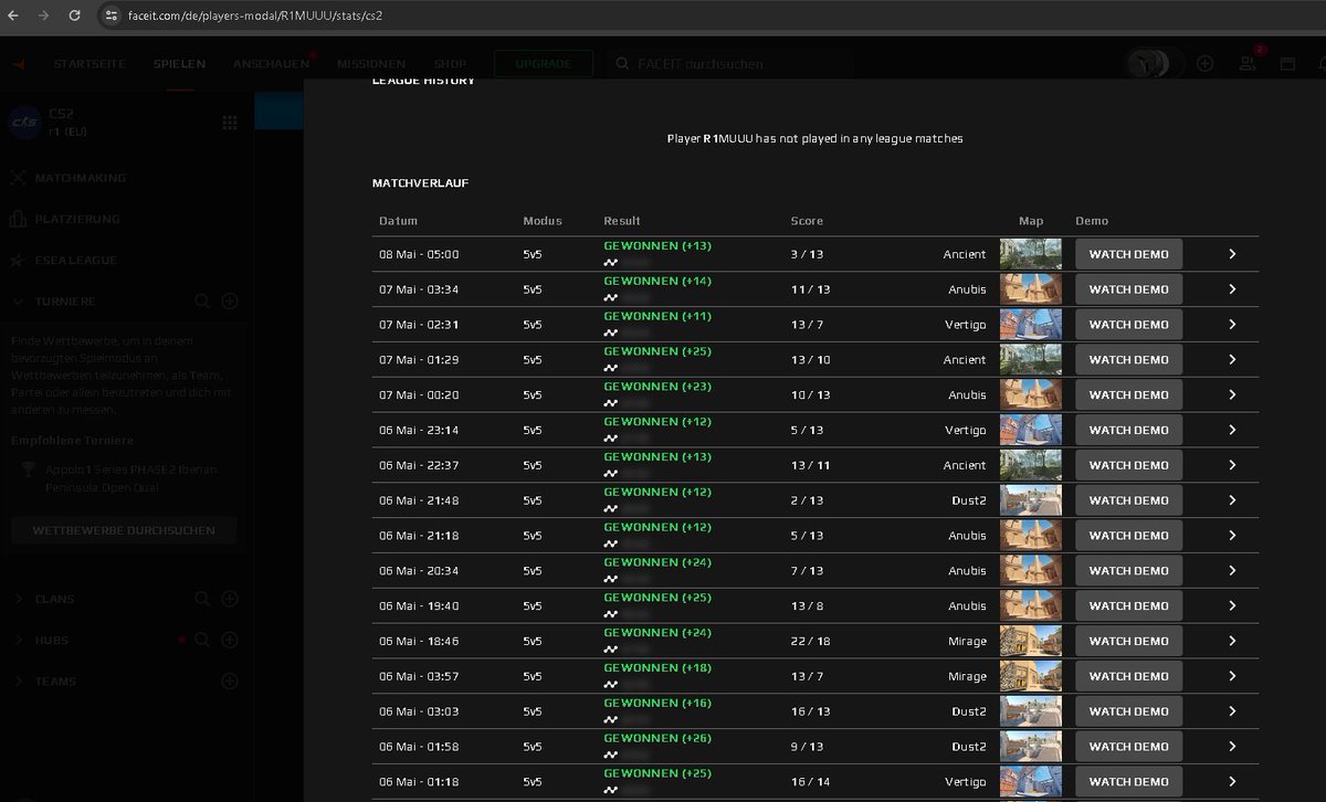 I broke my own record!
16 Wins in a Row - Faceit LvL 10! 
Verpasse nicht mehr als du musst und folge mir auf Twitch.tv/r1muuu_