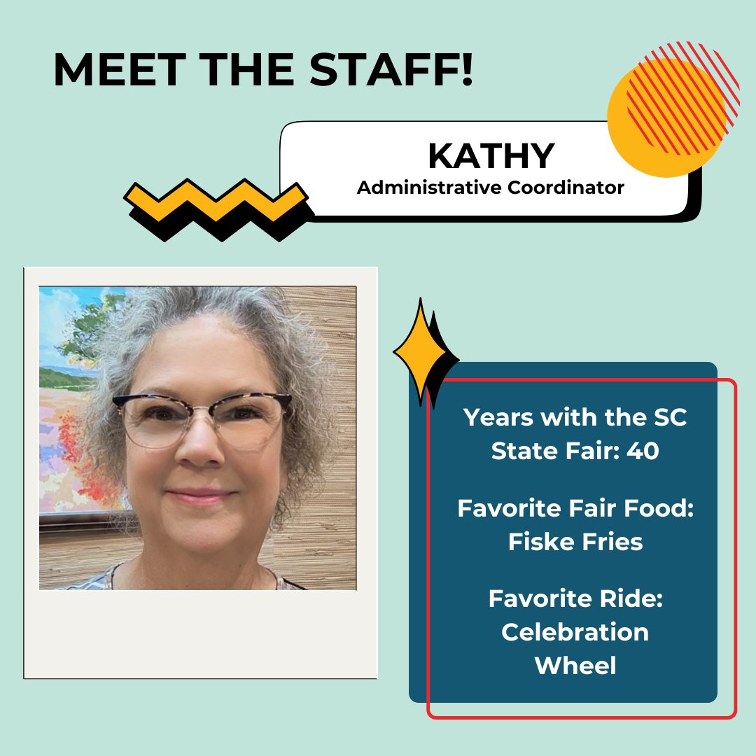 Meet Kathy Danielson, the #SCStateFair’s Administrative Coordinator! Kathy's been making sure everything runs smoothly at events and now in marketing and HR. 🎡 Kathy enjoys baking and rocking out at concerts! 🎢 Fortunately, Kathy can find both at the #SCStateFair.
