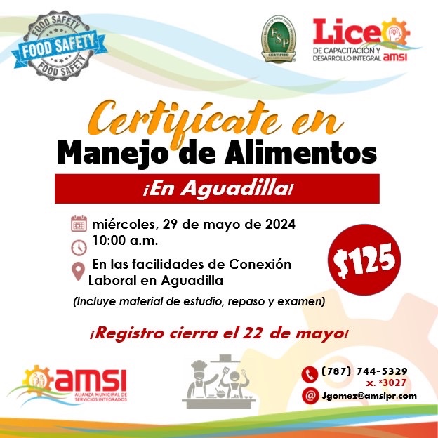 amsipr's tweet photo. 🧑‍🍳 ¿Necesitas la certificación en manejo de alimentos? Comunícate con nosotros y matricúlate en la próxima sesión en Aguadilla‼️

Escríbenos a JGomez@amsipr.com o llama al ☎️ (787) 744-5329, extensión *3027.

(Programa administrado con fondos propios de AMSI, Inc.) https://t.co/WFnohj6v8e