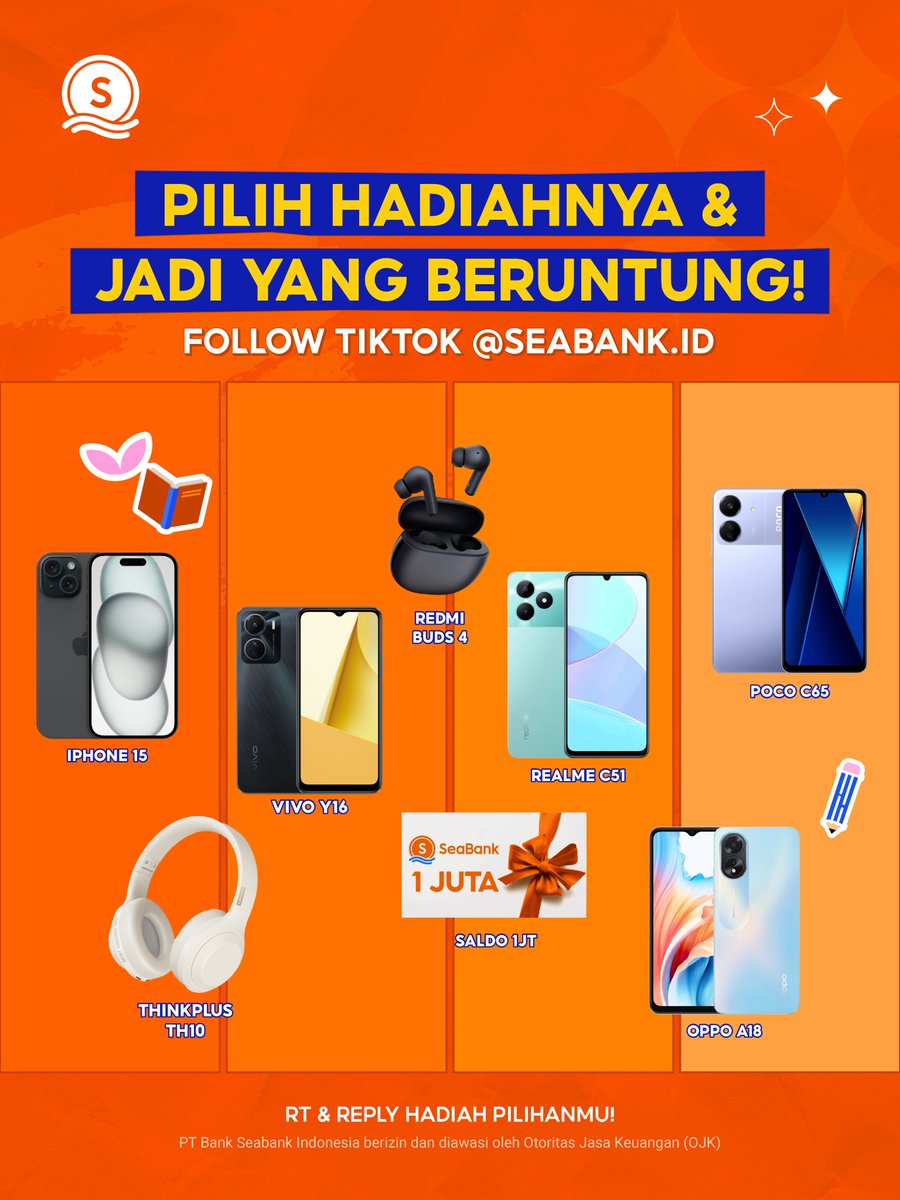 🔥PILIH HADIAHNYA &amp; JADI YANG BERUNTUNG!🔥

Jadilah yang beruntung pemenang IPHONE 15 sampai OPPO A18 cuma modal FOLLOW TikTok SeaBank!😱

RT &amp; REPLY hadiah pilihanmu sebanyak-banyaknya!💥

MENANGKAN di sini 👉 tiktok.com/@seabank.id