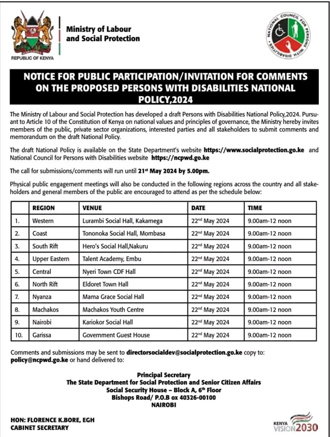 Notice of Public Participation...on the Proposed Persons with Disabilities National Policy 2024 <a href="/ADFmagazine/">ADF Magazine</a> <a href="/Wanavijiji_sdi/">Muungano wa Wanavijiji</a>