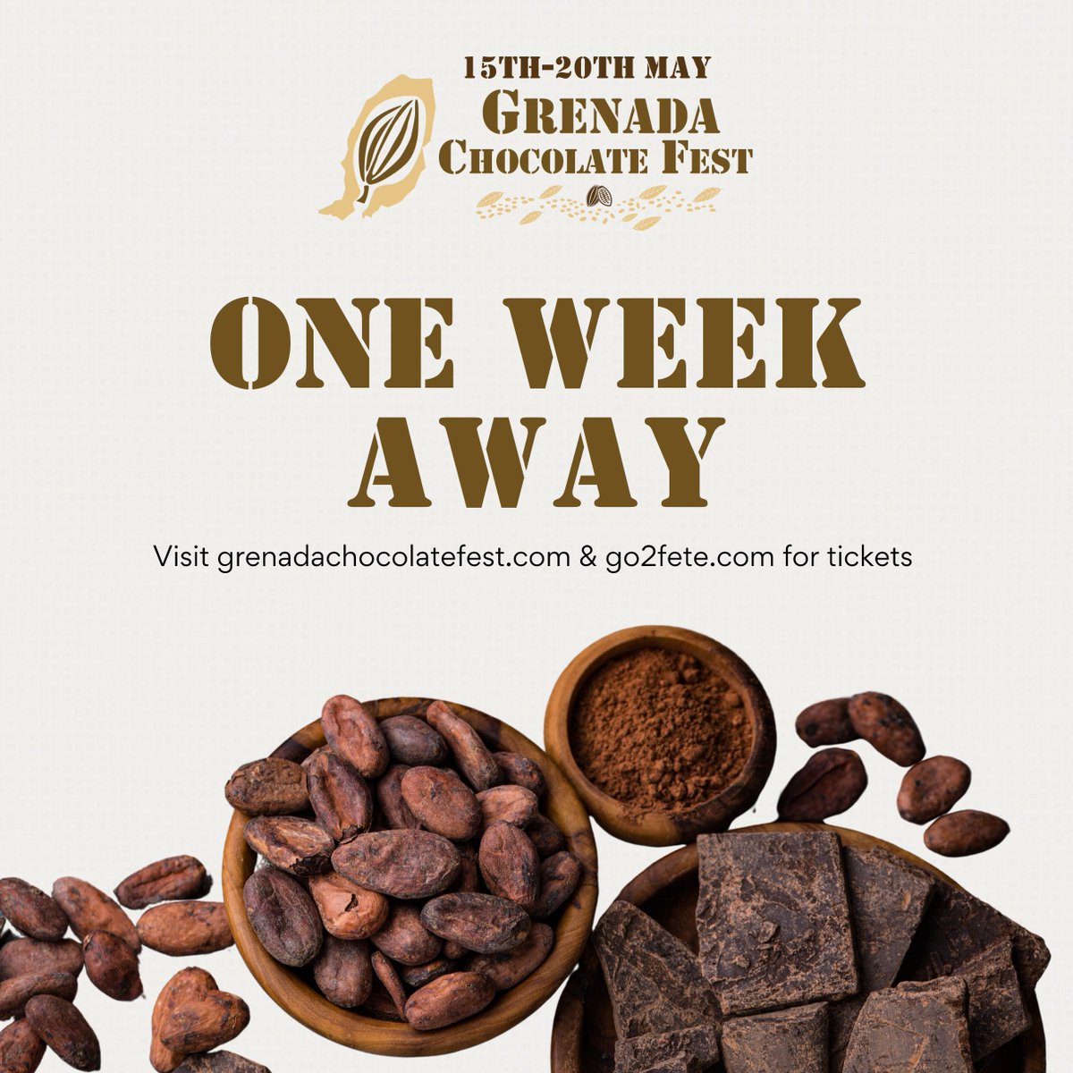The countdown begins! Just one week until the Grenada Chocolate Festival kicks off. 🍫 Make sure you don't miss out on the chocolatey goodness – get your tickets now on grenadachocolatefest.com and go2fete.com!

#GrenadaChocolateFest #Grenada #PureGrenada