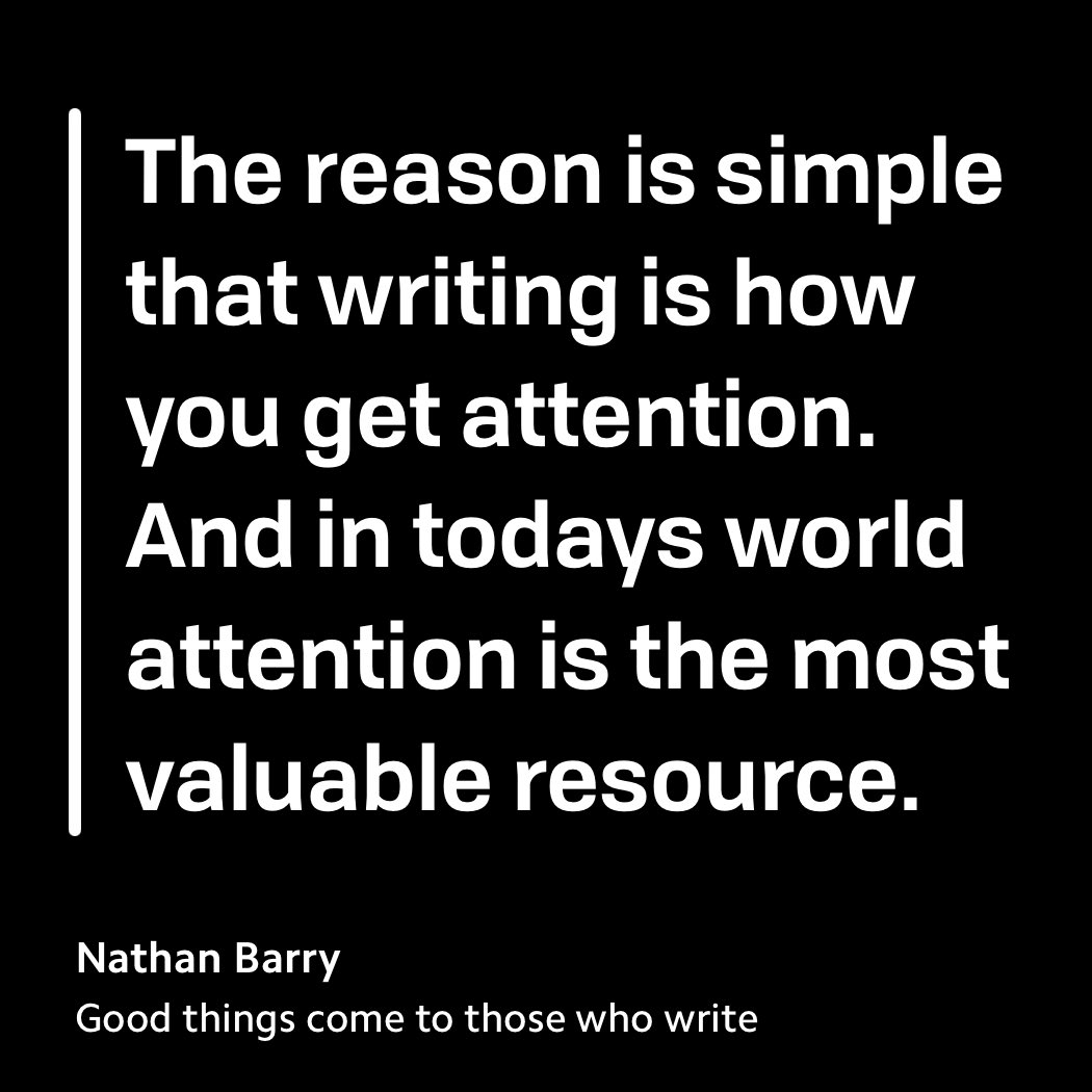 jschnip's tweet image. Been contemplating this a lot lately - almost every professional success I&apos;ve ever had, was because I wrote. I wrote a lot-almost never to get attention of someone else, but to get my own attention, by formulating my thoughts, discovering patterns and making space to be present.
