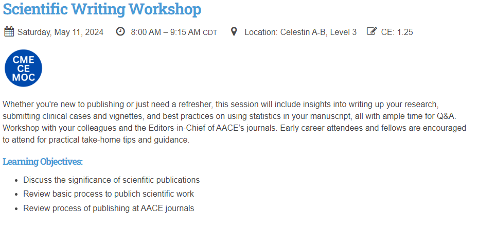 Join us to learn about how to publish your work at AACE Journals during The Scientific writing workshop @TheAACE on 5/11th on AACE annual meeting #AACE2024 @vtangpricha @MariaPapaleont1 @WashUEndo