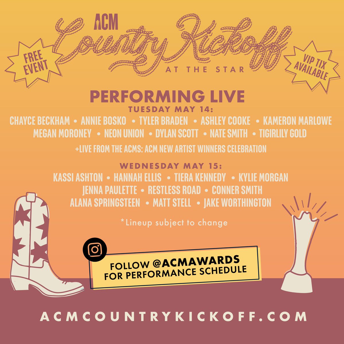 Gonna be a PARTY in Frisco, Texas next week 🎉 We’re so excited to be a part of ACM Country Kickoff at @thestarinfrisco to get @ACMawards week started! It’s a FREE event, with live music, food, & more... VIP tickets are on sale here: lnk.to/ACMkickoff #ACMkickoff #ACMawards