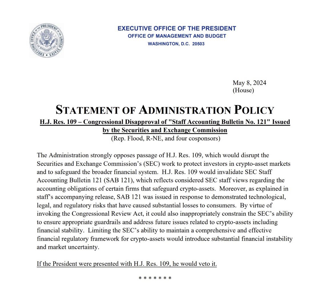 The last sentence shows that the White House either isn’t aware or is simply ignoring the regulatory impasse the digital assets industry has been facing under this administration. Maintain a comprehensive and effective regulatory framework? There currently isn’t one. Industry…