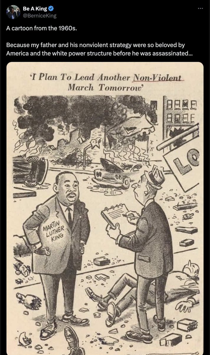 btw here's MLK's daughter Bernice King pointing out that her dad was also denounced as violent and then assassinated. if you're gonna try to do history it's helpful to know history