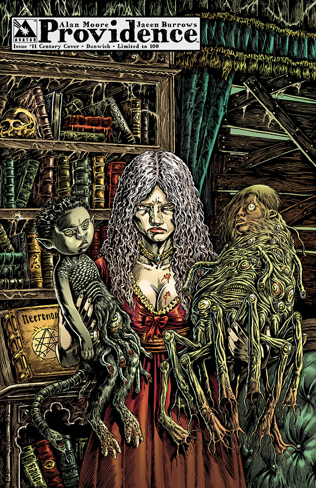 Century variant cover for Alan Moore's Providence comic featuring Lavinia Whateley with her son Wilbur and his unnamed twin from The Dunwich Horror. Cover art by Raulo Caceres.