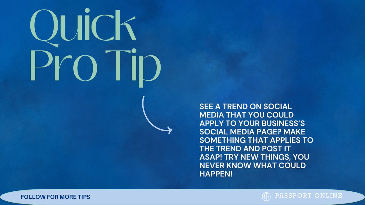 Here's a quick tip from Passport Online! 🌍 If a social media trend can apply to your business, capitalize on it! You never know what could be a hit.💙

#SocialMediaTips #BusinessOwners #TrendyMarketing #PPO #PassportOnline #TrustedTravelCompanion #SocialTrends #SocialMarketing