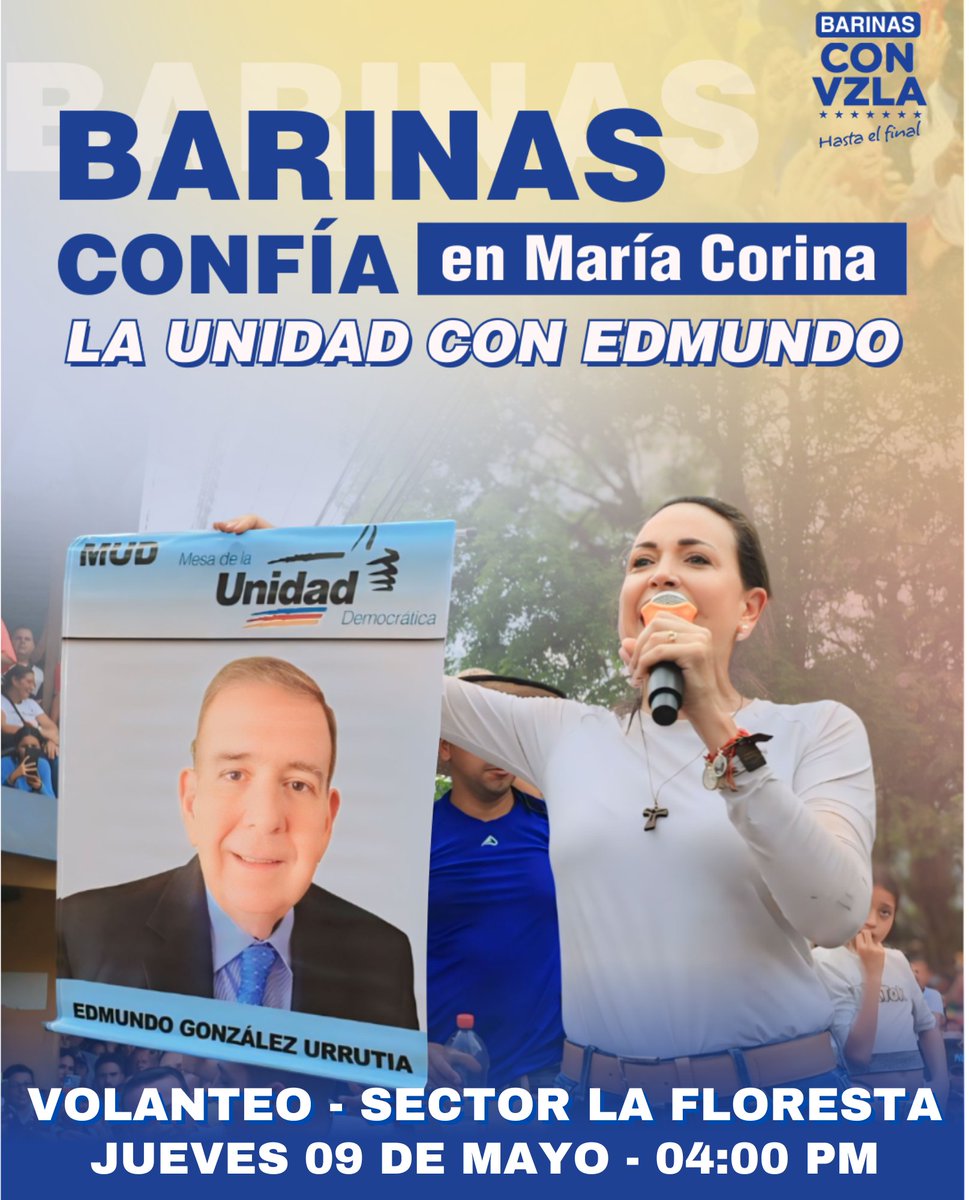 La central de operaciones políticas del Comando #ConVzla Barinas, invita a los @ComanditosVzla, partidos de la oposición, gremios, sindicatos, organizaciones de la sociedad civil de Barinas a un volanteo: 📍Sector La Floresta - Barinas 🗓 Jueves #09May 🕓04 pm ¡Te esperamos!