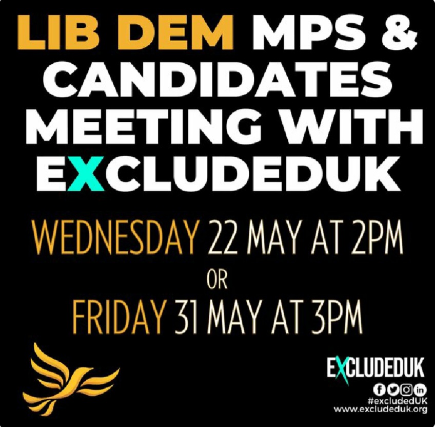 Following on from 4 constructive and supportive Zoom Meetings with @LibDems candidates @ExcludedUK invite you to join our next calls on behalf of your soon to be #ExcludedUK constituents @Stephen_922 @lfbadams @RachAnneRoberts DM me for further details twitter.com/LibDems/status…