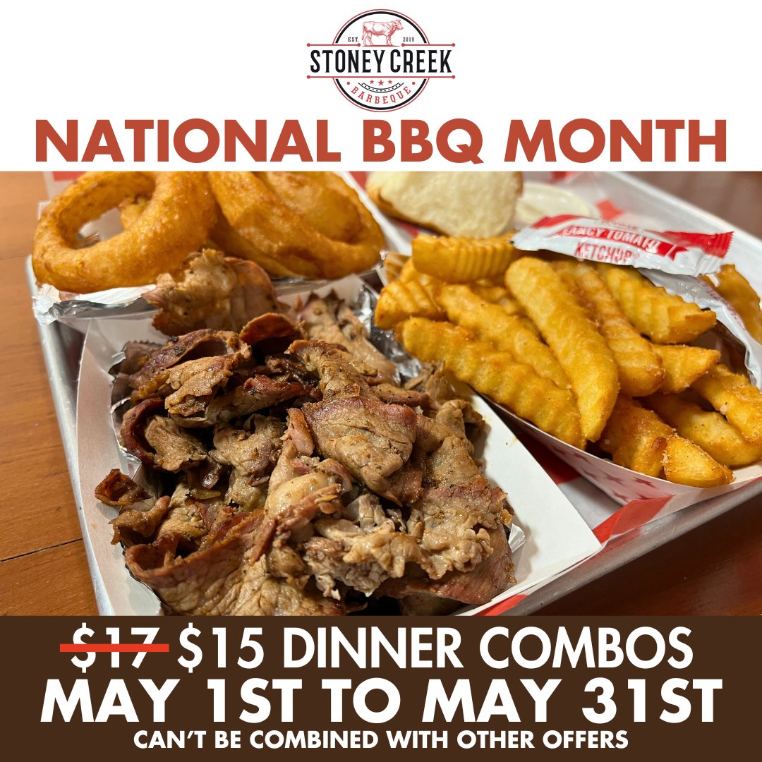 It's National BBQ Month! To celebrate, we're taking $2 OFF ALL of our Dinner Combos! Get a 1/2 LB of Tri-Tip with bread, 2 sides & a drink for only $15!!!

#StoneyCreekBBQ
#Porterville
#BBQ
#NationalBBQMonth
#DinnerCombo
#TriTipDinnerCombo
#TriTip
#LowAndSlow
#WorthTheDrive
