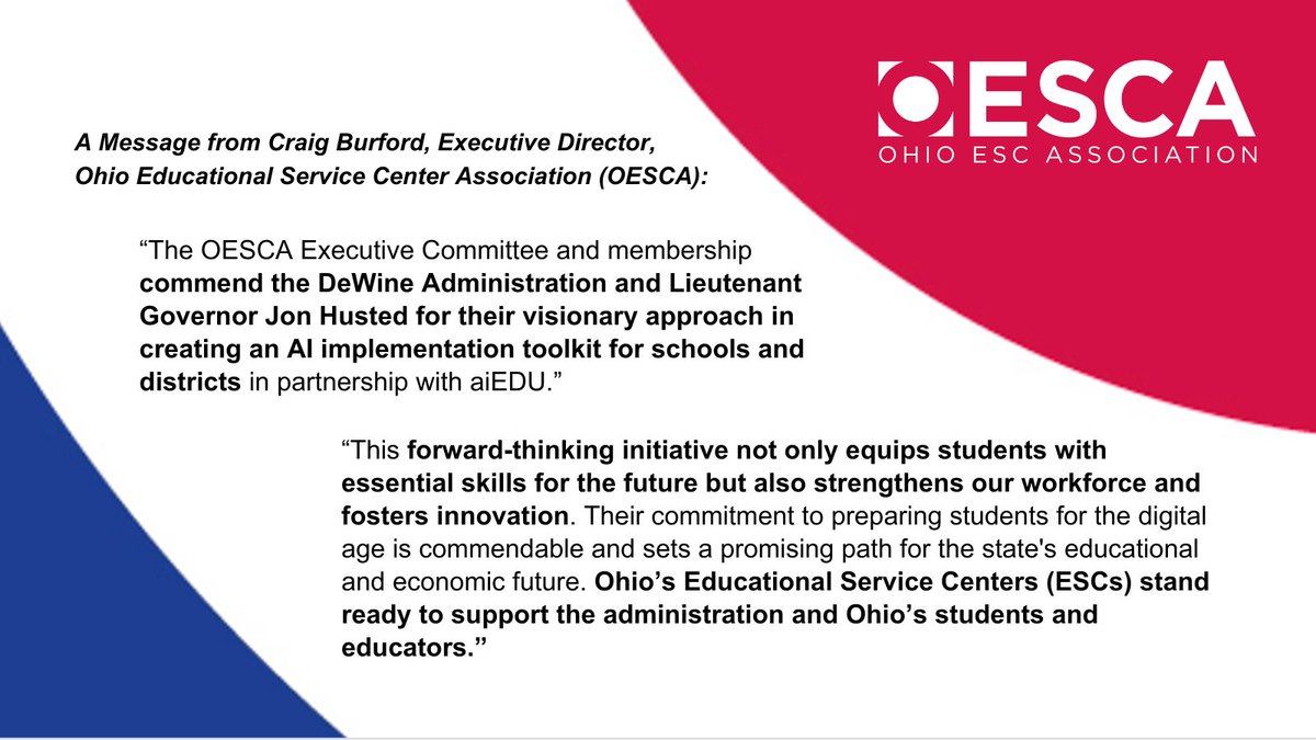 Learn more about @LtGovHusted's AI Toolkit (governor.ohio.gov/administration…) and see how OESCA and ESCs are helping schools with AI-related topics (oesca.org/vnews/display.…). #OhioESCs #AIeducation @OHEducation