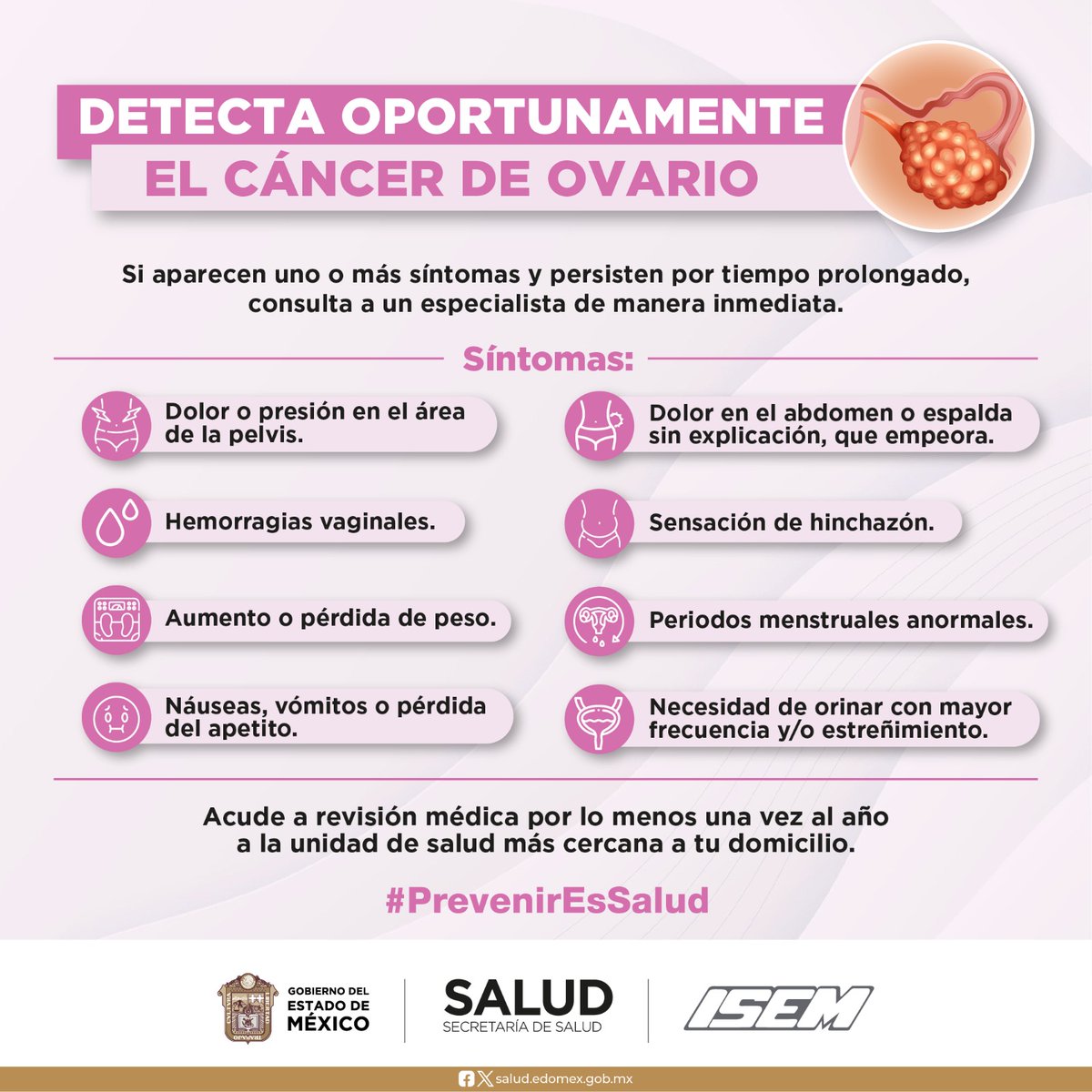 Conoce los síntomas del #CáncerDeOvario e identifica los factores de riesgo.
Acude a revisión médica por lo menos una vez al año.
#PrevenirEsSalud