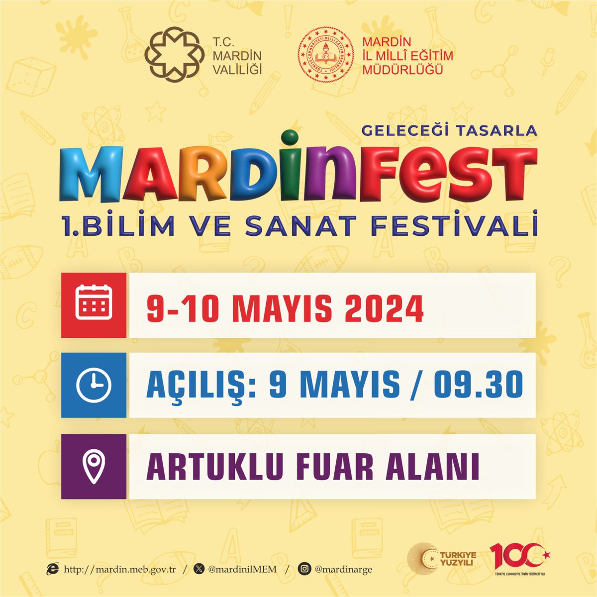 #MARDİNFEST 1. Bilim ve Sanat Festivali

Artuklu Fuar Alanında tüm hazırlıklar tamam

#MARDİNFEST ile #GeleceğiTasarla 🧪 🖌️

🗓: 9-10 Mayıs 2024

<a href="/tcmeb/">Millî Eğitim Bakanlığı</a>
<a href="/Yusuf__Tekin/">Yusuf Tekin</a>  
<a href="/tuncay_akkoyun/">Tuncay Akkoyun</a>
<a href="/mardinilmem/">Mardin İl Millî Eğitim Müdürlüğü</a> 
<a href="/Murat69_Demir/">Murat Demir</a>