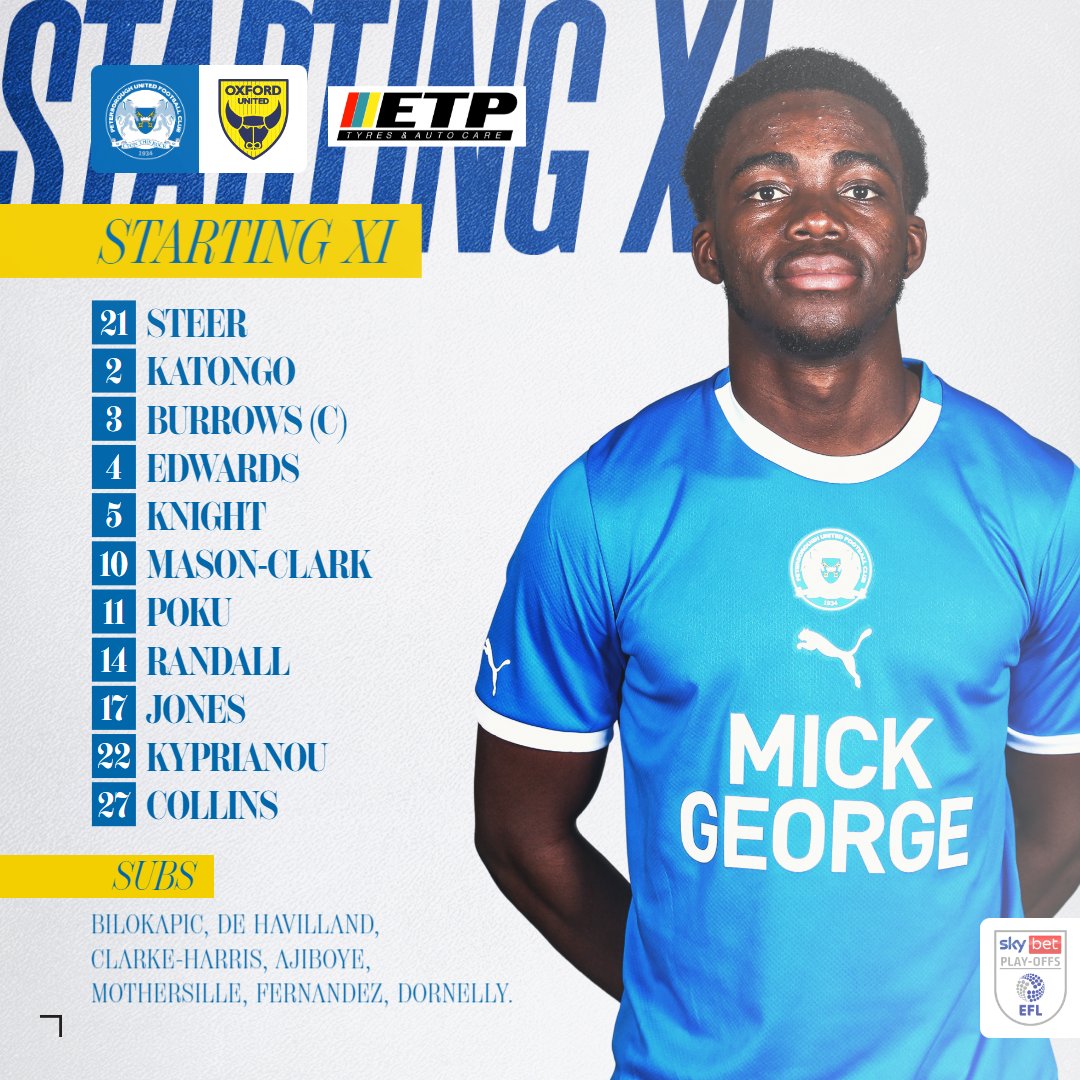 👊 Here is how Posh line-up for tonight's play-off semi-final second leg against Oxford United.

#PETOXF | #pufc