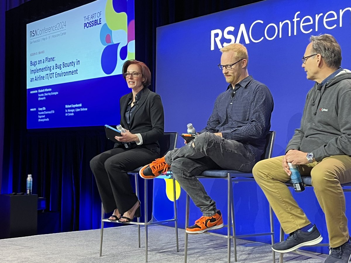 Amazing session happening at #RSAC “Bugs on a Plane: Implementing a Bug Bounty in an Airline IT/OT Environment” Great job by @LawyerLiz & @caseyjohnellis #aerospacevillage