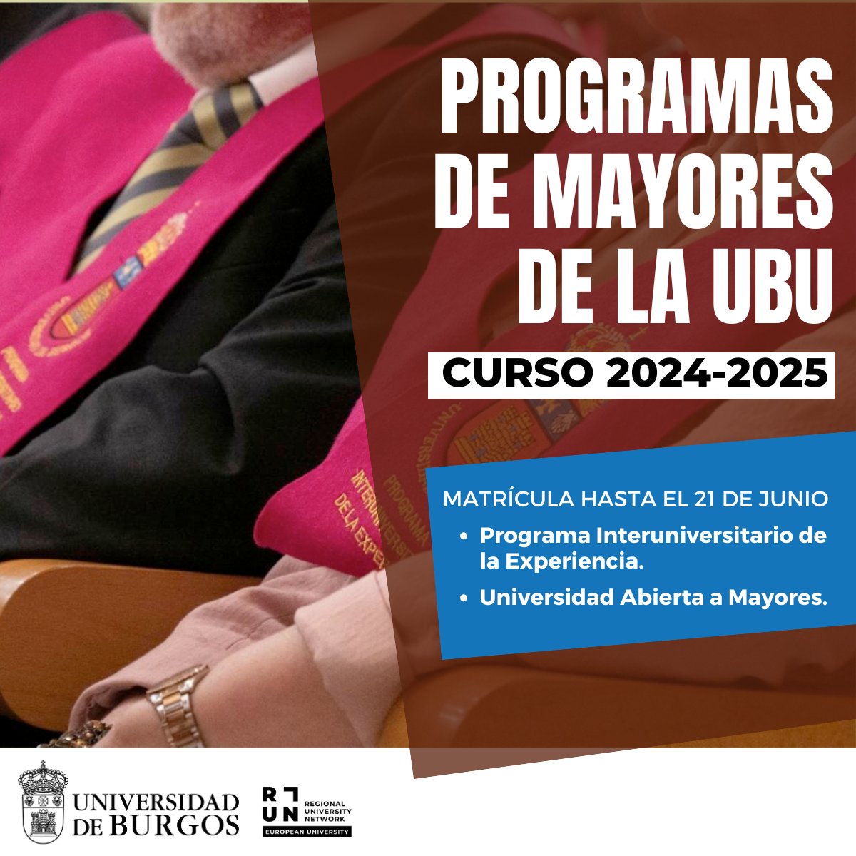 #Cursos_UBU | Matrícula en los Programas de Mayores de la UBU para el curso académico 2024-2025 😍 •Programa Interuniversitario de la Experiencia •Universidad Abierta a Mayores. ¡Plazo de matrícula hasta el 21 de junio! Infórmate en @CursosUBU ►ubu.es/te-interesa/ma…