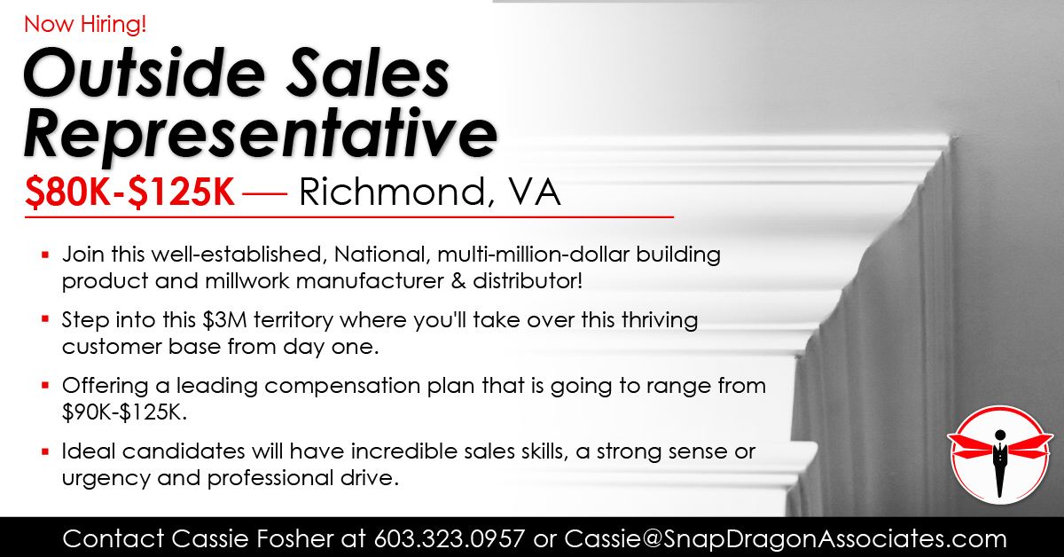 🚨 New Outside Sales role in the Richmond, VA market for a manufacturer!

Apply here snapdragonassociates.com/job/outside-sa… or reach out to Cassie Fosher!

#SnapDragonJobs #buildingmaterials #hiring #werehiring #outsidesales #salesjobs #VAjobs #RichmondVA