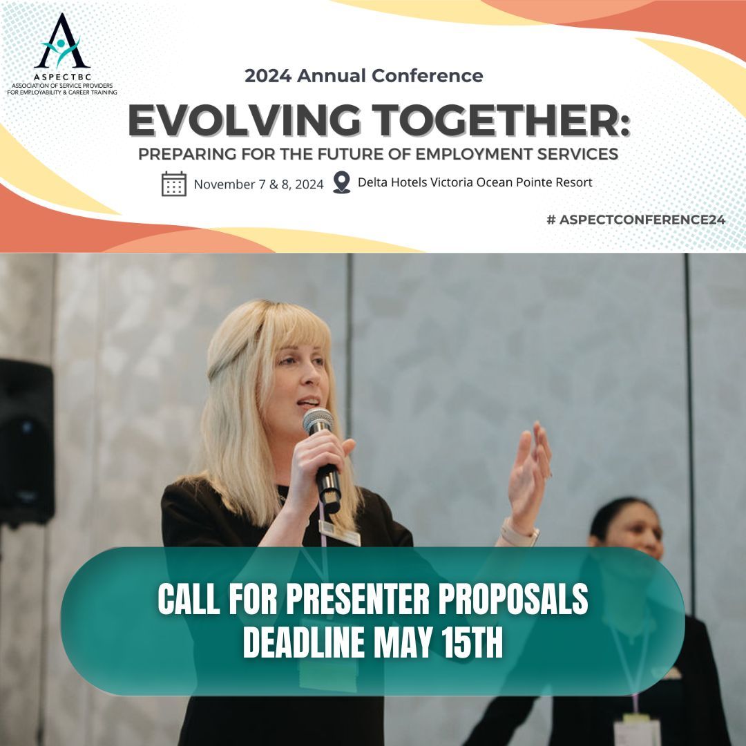 aspectbc's tweet image. We need YOU to help us prepare for the future of employment services! 💡 Submit your proposal for the 2024 ASPECT Conference NOW and join us in evolving together. Don't wait - May 15 is the deadline! #ASPECTconference24 #EvolvingTogether buff.ly/49Z6qav