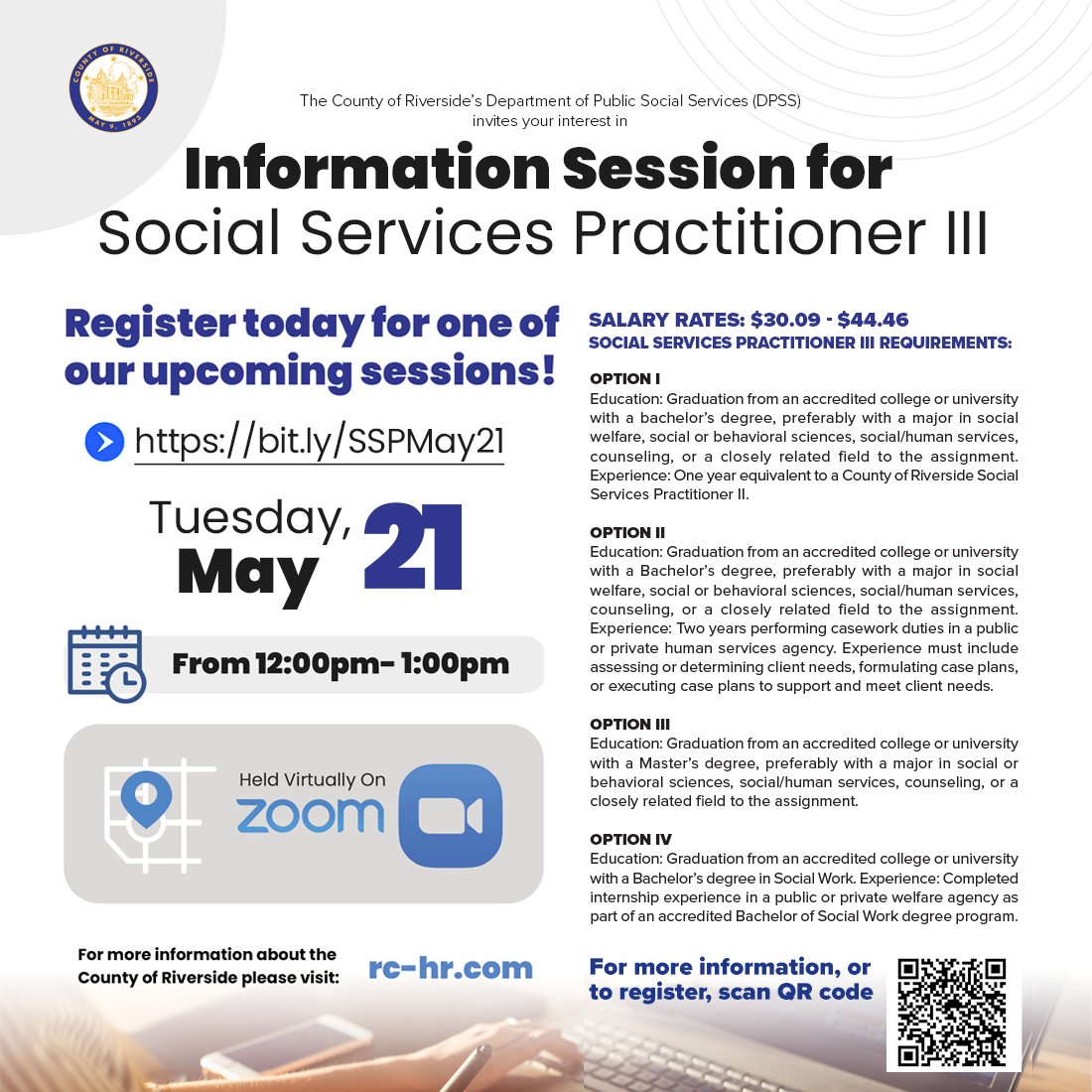 💖 Ready to make a difference? Join #RivCoDPSS as a Social Services Practitioner III! 💼 Connect with clients and community partners. Advance your career and enjoy work-life balance. 💻Join our virtual career fair on May 21 at noon. Register: bit.ly/SSPMay21.🌟 @RivCoHR