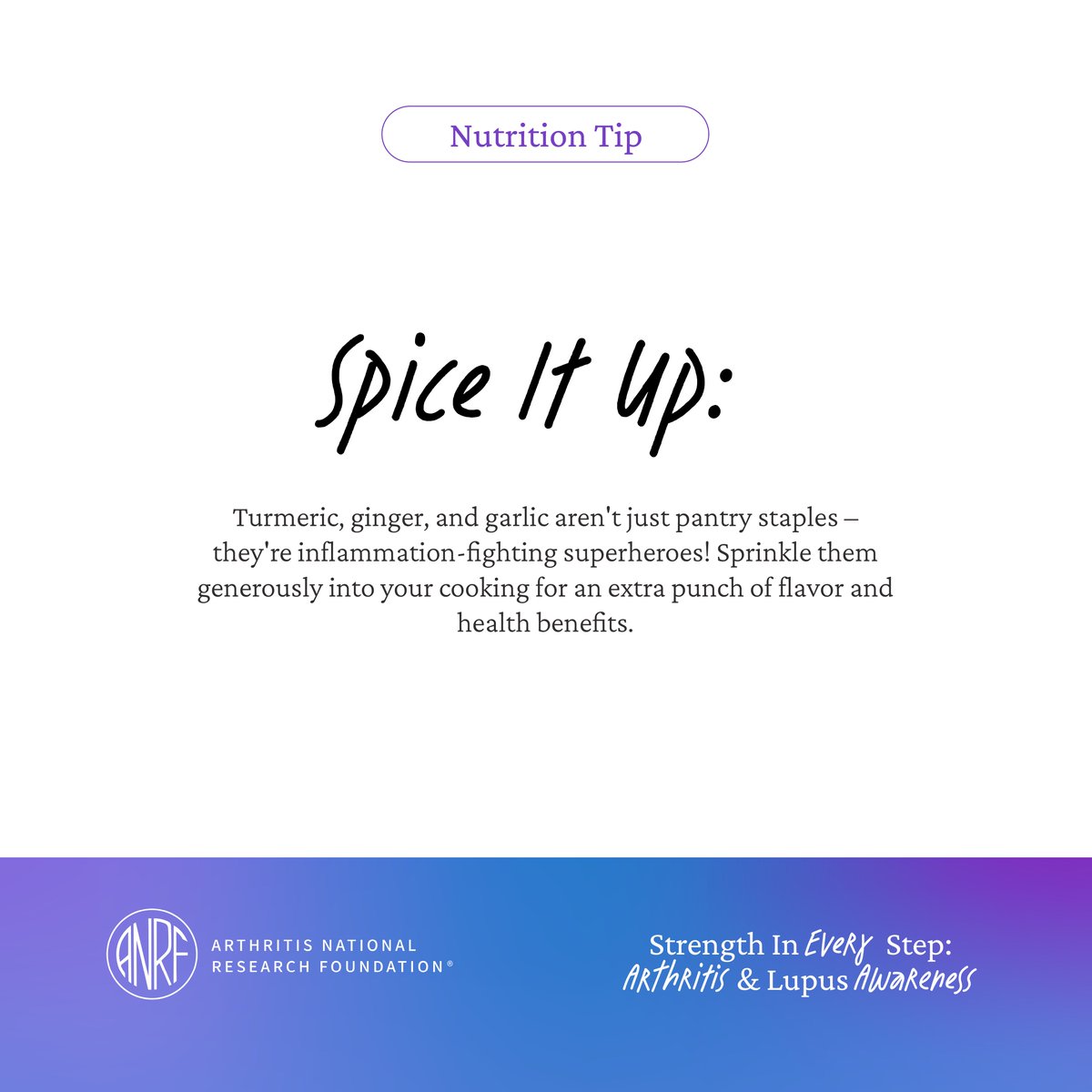 CureArthritis's tweet image. Spice up your meals for healthier joints! Turmeric, ginger, and garlic are loaded with anti-inflammatory compounds that can ease joint pain and boost your body's defenses. #StrengthInEveryStep #CureArthritis