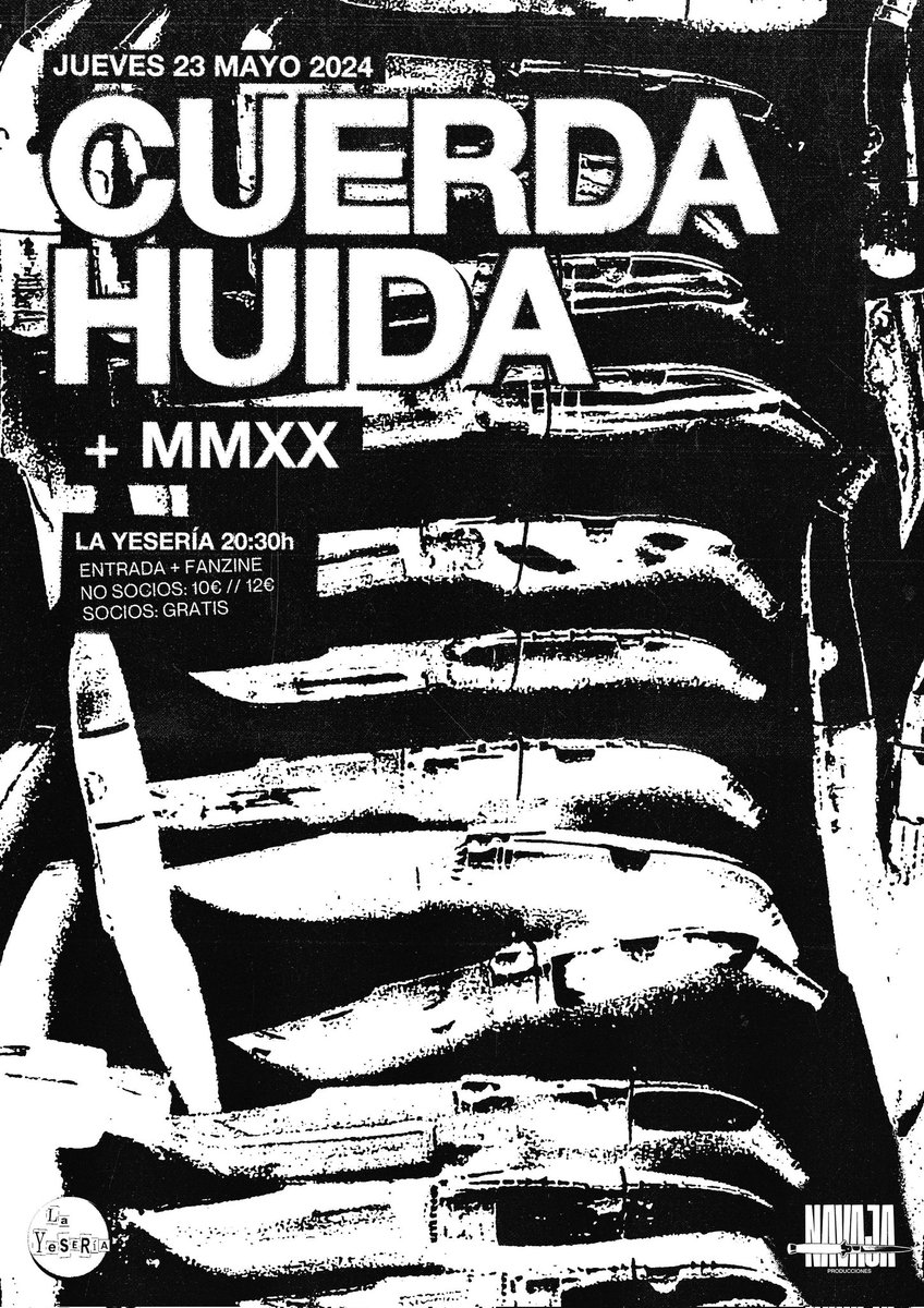 ESA PEÑA NAVAJERA!!! IX EVENTO DE LA NAVAJA EN CAMINO

El próximo sábado 23 de mayo, nos espera un día intenso con la presencia de Cuerda Huida y MMXX

Será, como siempre, en Yesería a partir de las 20.30h. Entradas a 10€,  con nuestro fanzine de regalo, en el siguiente tweet.