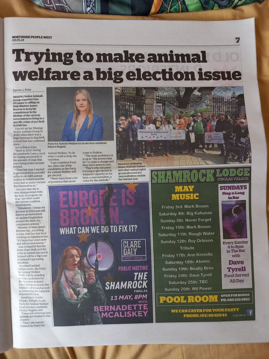 Here is my article on animal welfare in this weeks Northside People West - I don't know if the article is in either or both other editions of the @DublinPeople papers - quoting Lisa O'Connor from @MissingStolen and Patrice Nugent candidate for the @AnimalPartyIE in the #LE's.