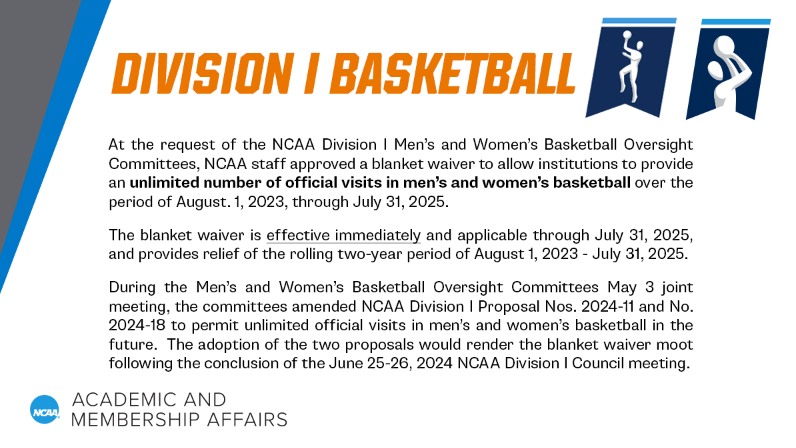 🔔Attention Division I Basketball Coaches🔔

Check out the graphic below on the recently announced blanket waiver allowing institutions to provide an unlimited number of official visits in basketball.

For more details, check out the full blanket waiver ⬇️
on.ncaa.com/DICLRBW