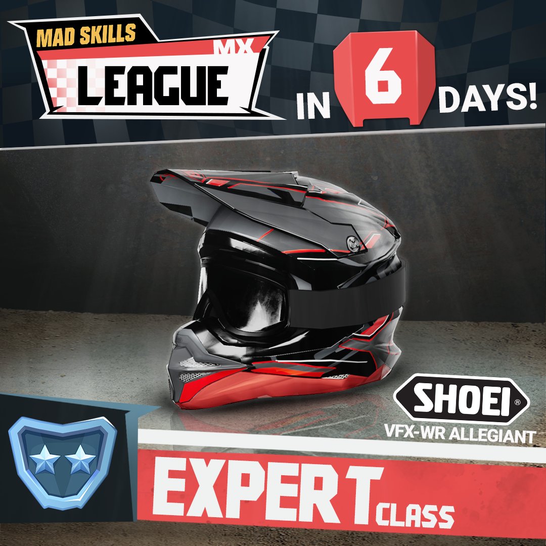 madskillsmx's tweet image. The Mad Skills Motocross League is WAY better when you’re on a team. Don’t have one yet? Join or start one today, and you’ll be ready to ascend to the Expert Class and unlock this SHOEI VFX-WR Allegiant TC-1. #madskills #msm3