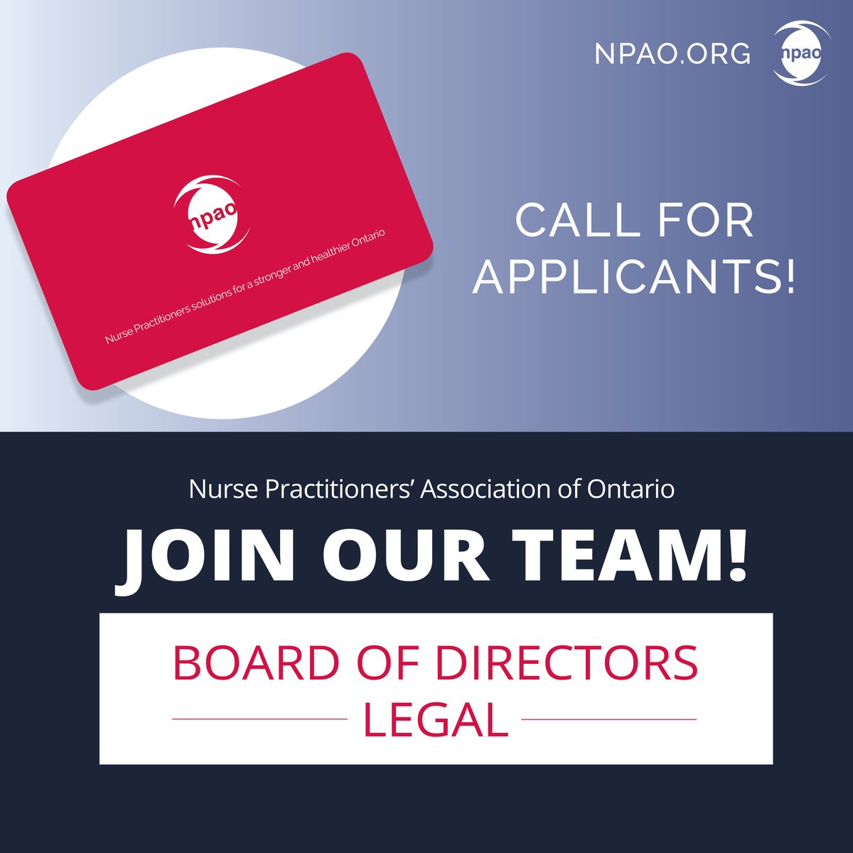 Join our vibrant team! The Nurse Practitioners’ Association of Ontario is seeking a passionate individual to serve on our Board of Directors, Legal. Are you ready to make a difference in healthcare? Learn more & apply now: npao.org/npao-board-leg… Deadline to apply: May 24, 2024